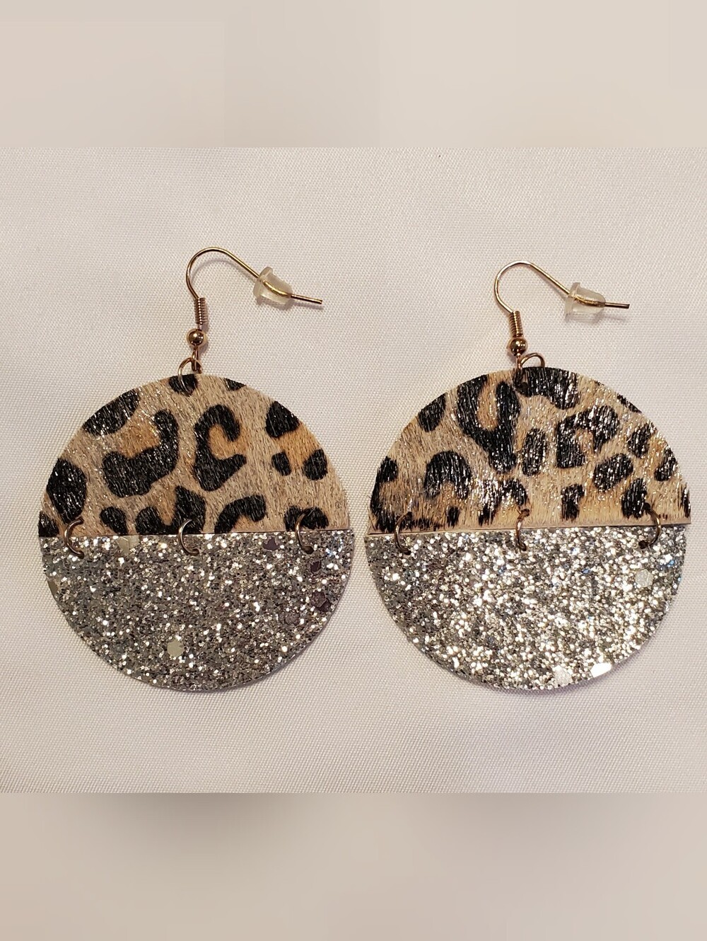 Leopard Print & Silver Glitter Circle Drop Earrings Faux Leather Split Disc New